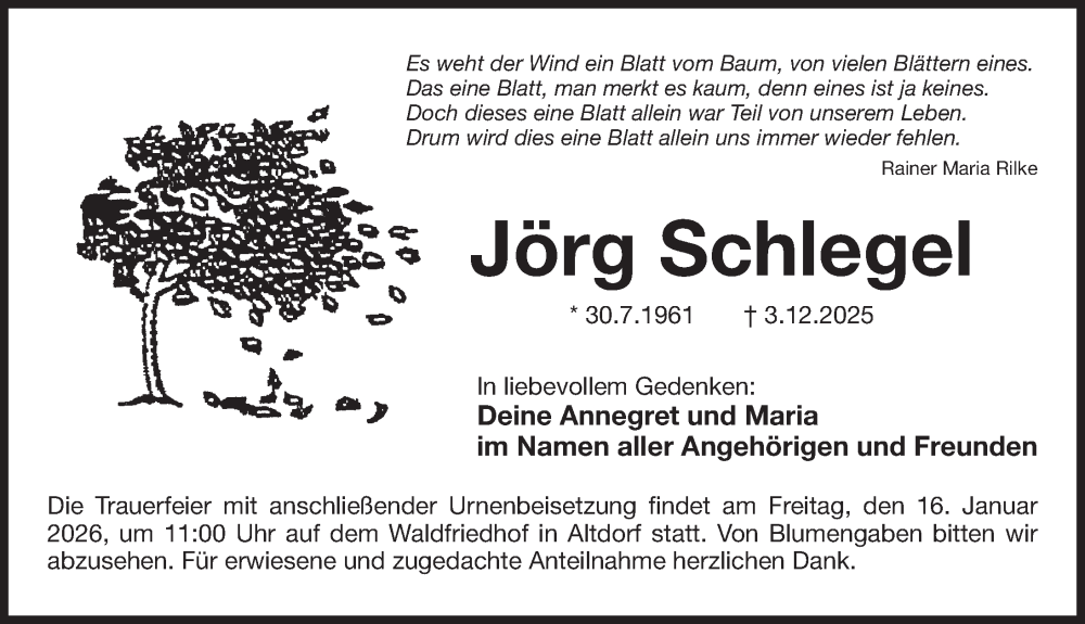  Traueranzeige für Jörg Schlegel vom 10.01.2026 aus Der Bote