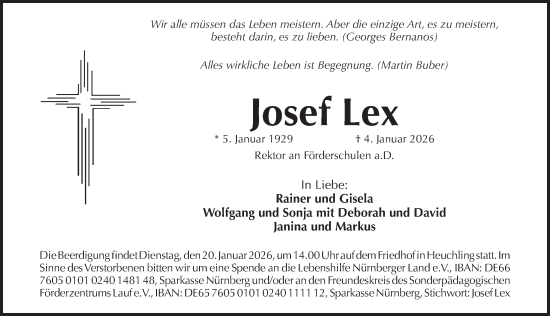 Traueranzeige von Josef Lex von Pegnitz-Zeitung