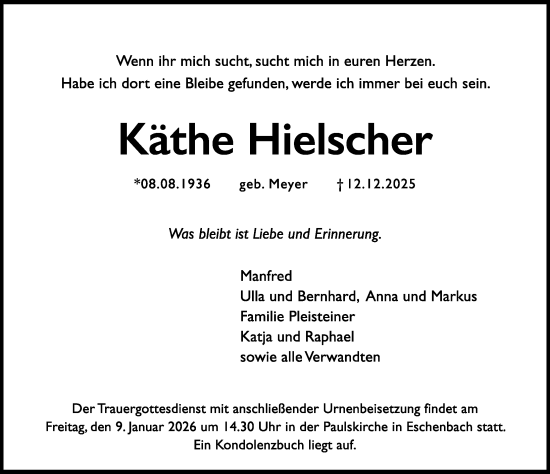 Traueranzeige von Käthe Hielscher von Hersbrucker Zeitung Lokal