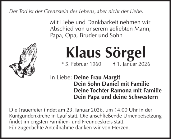 Traueranzeige von Klaus Sörgel von Pegnitz-Zeitung