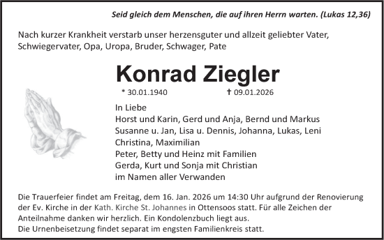 Traueranzeige von Konrad Ziegler von Pegnitz-Zeitung