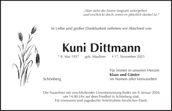 Traueranzeige von Kuni Dittmann von Pegnitz-Zeitung