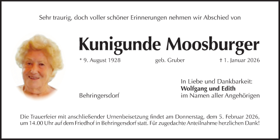 Traueranzeige von Kunigunde Moosburger von Pegnitz-Zeitung