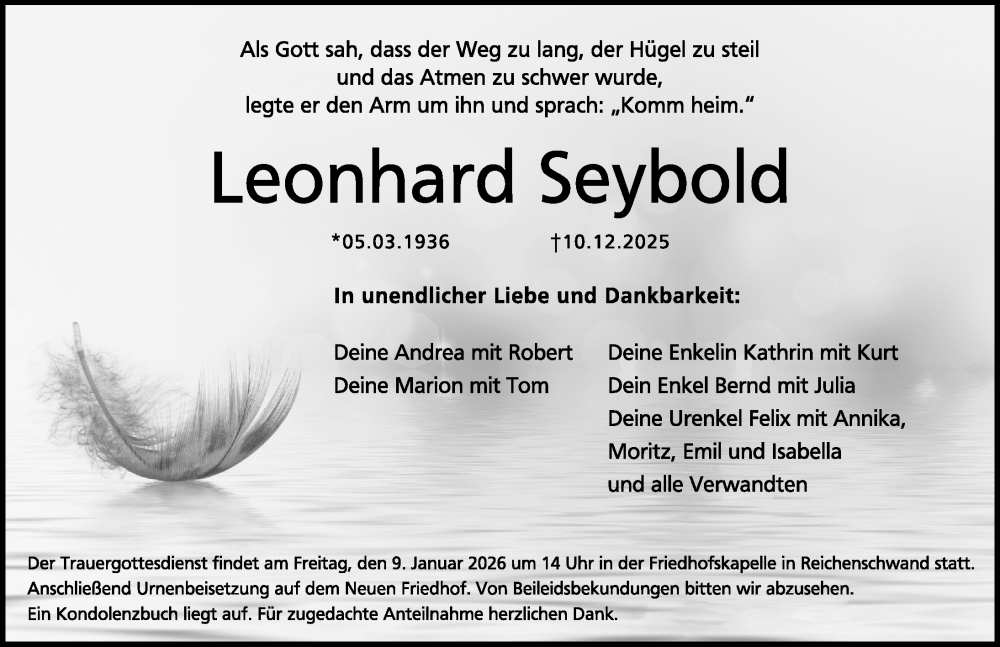  Traueranzeige für Leonhard Seybold vom 03.01.2026 aus Hersbrucker Zeitung Lokal