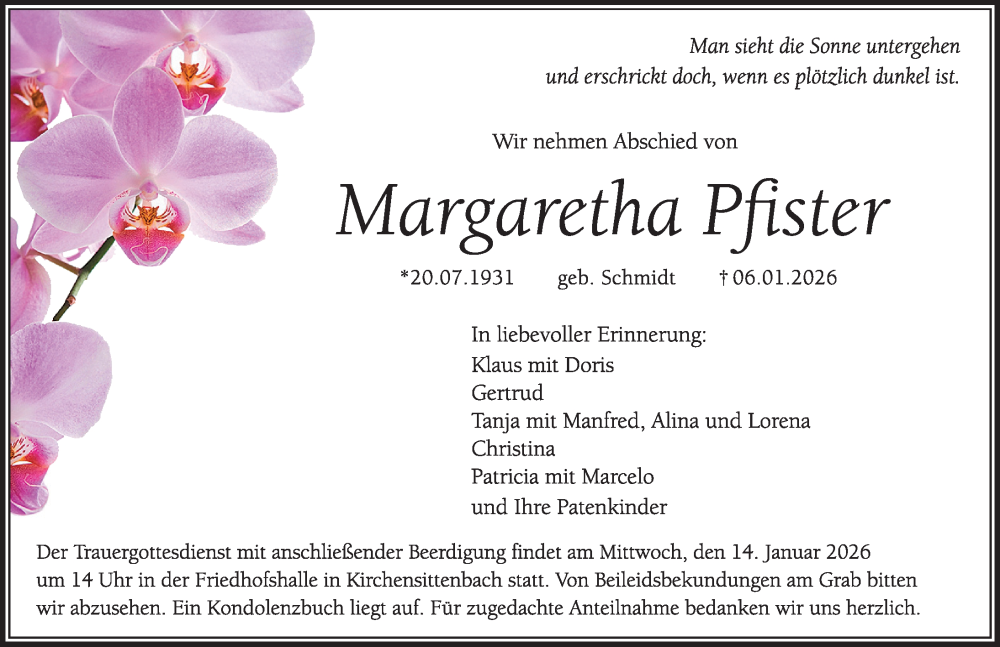  Traueranzeige für Margaretha Pfister vom 10.01.2026 aus Hersbrucker Zeitung Lokal