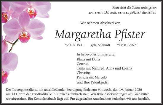 Traueranzeige von Margaretha Pfister von Hersbrucker Zeitung Lokal