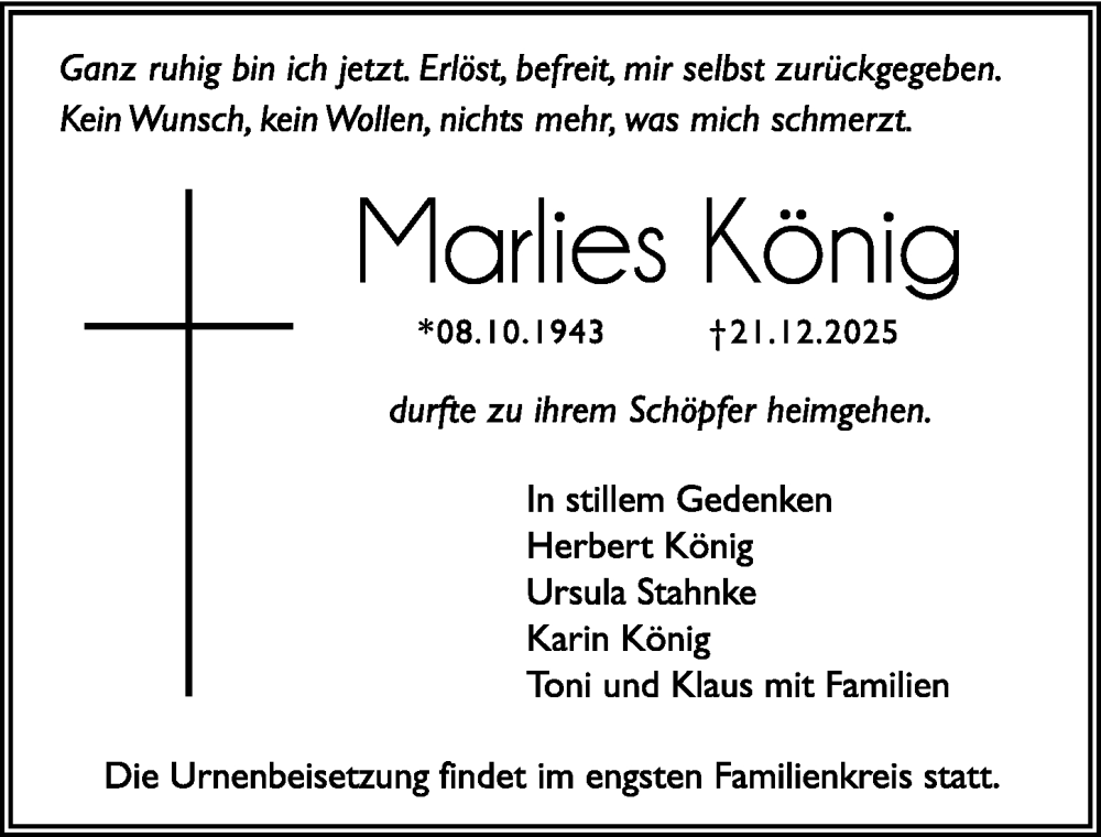  Traueranzeige für Marlies König vom 03.01.2026 aus Hersbrucker Zeitung Lokal