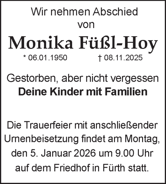 Traueranzeige von Monika Füßl-Hoy von Der Bote