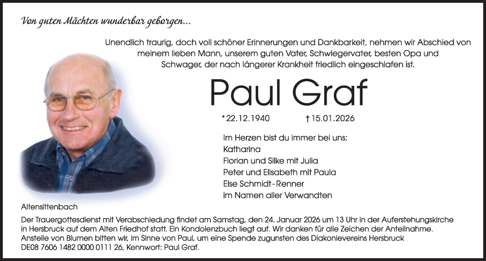  Traueranzeige für Paul Graf vom 21.01.2026 aus Hersbrucker Zeitung Lokal