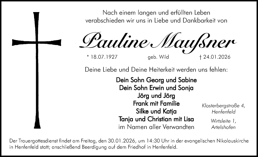  Traueranzeige für Pauline Maußner vom 28.01.2026 aus Hersbrucker Zeitung Lokal