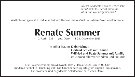 Traueranzeige von Renate Summer von Pegnitz-Zeitung