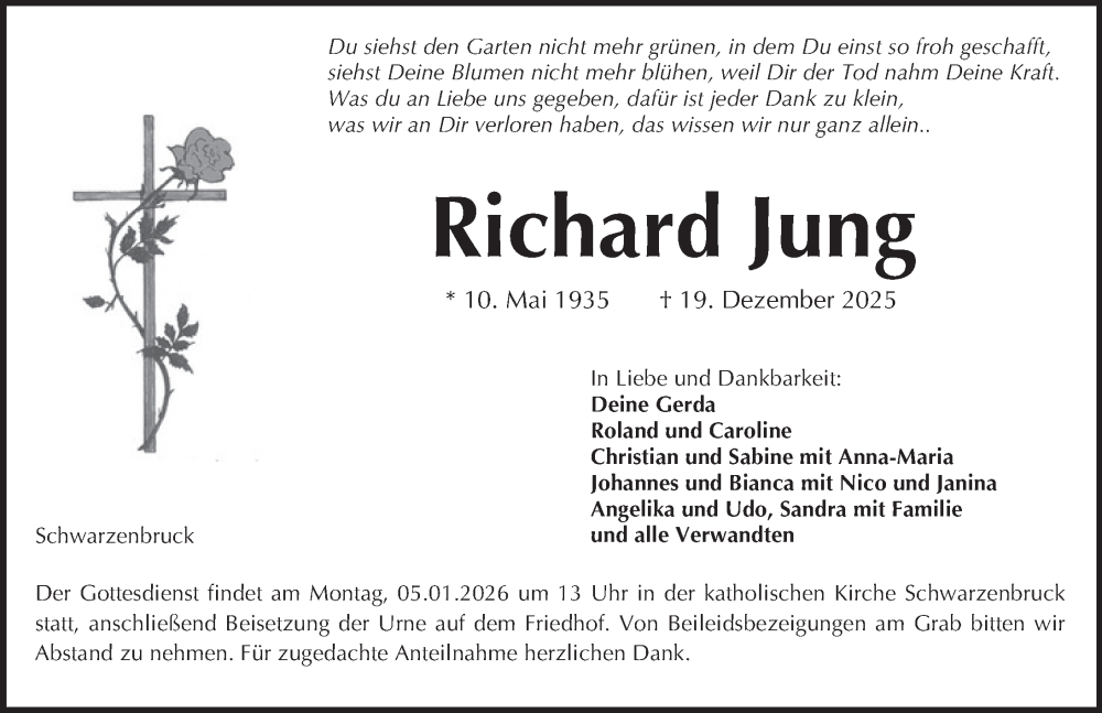  Traueranzeige für Richard Jung vom 03.01.2026 aus Der Bote