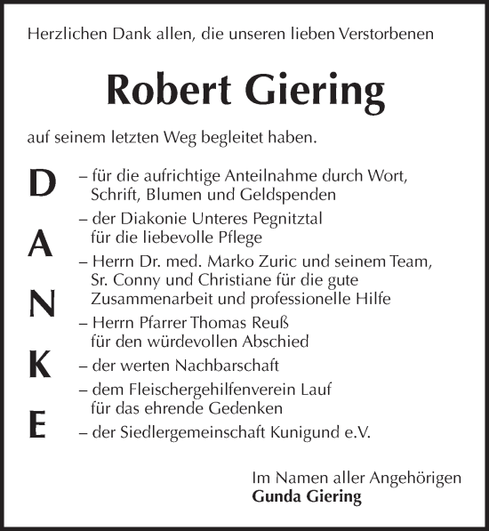 Traueranzeige von Robert Giering von Pegnitz-Zeitung