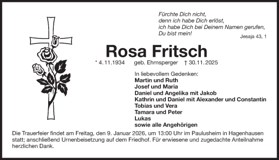 Traueranzeige von Rosa Fritsch von Der Bote