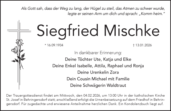 Traueranzeige von Siegfried Mischke von Pegnitz-Zeitung