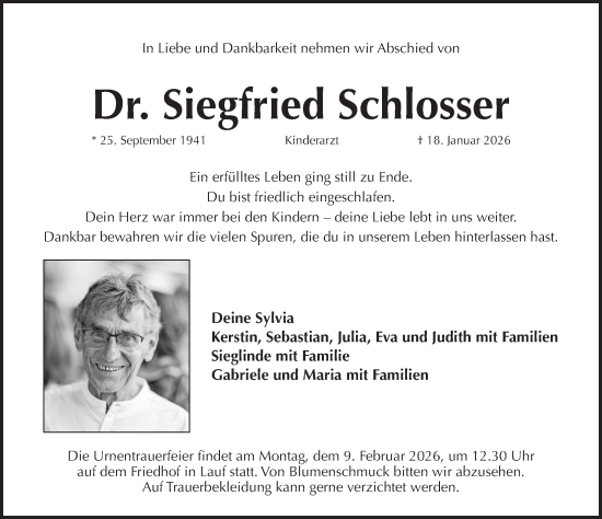Traueranzeige von Siegfried Schlosser von Pegnitz-Zeitung
