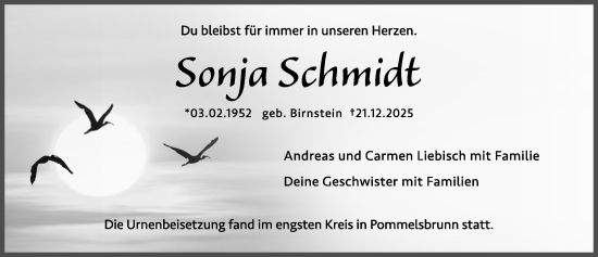 Traueranzeige von Sonja Schmidt von Hersbrucker Zeitung Lokal