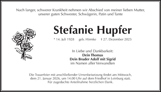 Traueranzeige von Stefanie Hupfer von Pegnitz-Zeitung
