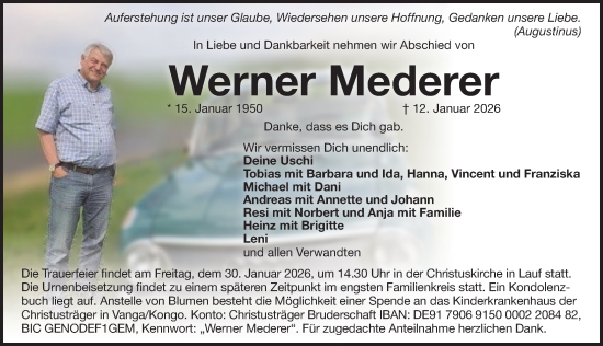 Traueranzeige von Werner Mederer von Pegnitz-Zeitung