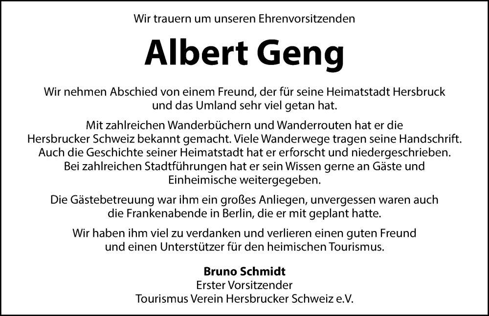  Traueranzeige für Albert Geng vom 14.02.2026 aus Hersbrucker Zeitung Lokal