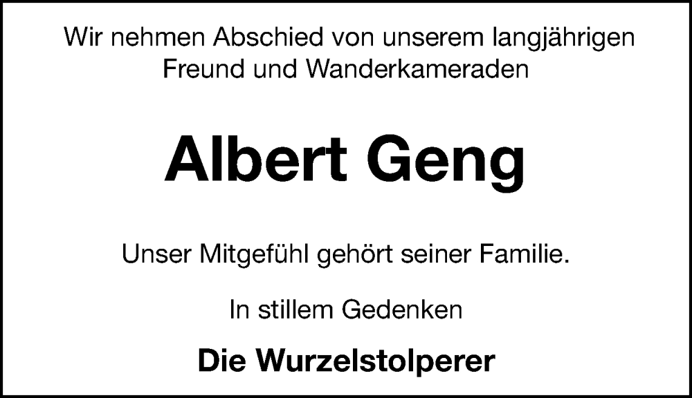 Traueranzeige für Albert Geng vom 14.02.2026 aus Hersbrucker Zeitung Lokal