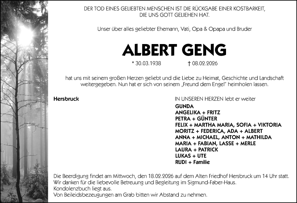  Traueranzeige für Albert Geng vom 14.02.2026 aus Hersbrucker Zeitung Lokal