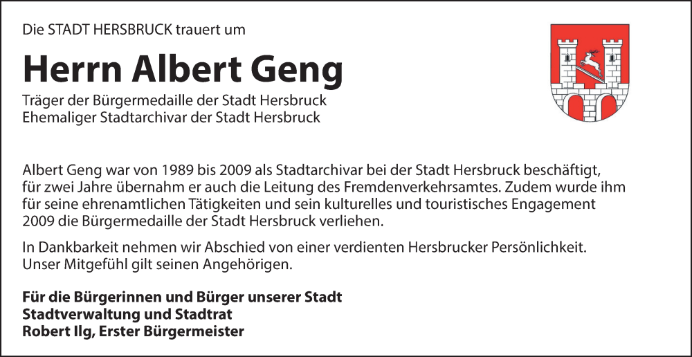  Traueranzeige für Albert Geng vom 14.02.2026 aus Hersbrucker Zeitung Lokal