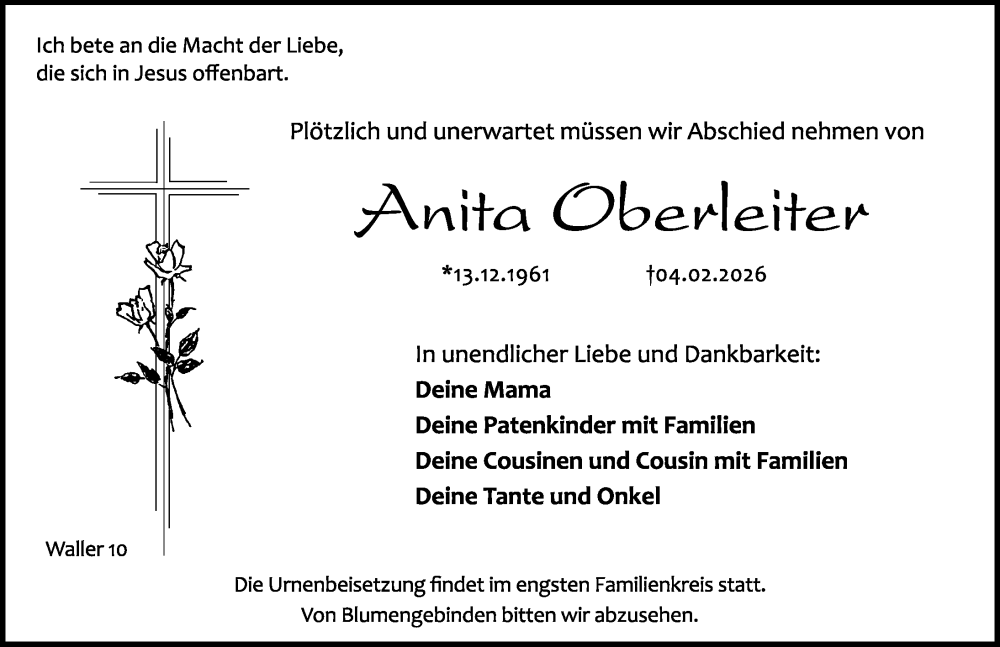  Traueranzeige für Anita Oberleiter vom 07.02.2026 aus Hersbrucker Zeitung Lokal