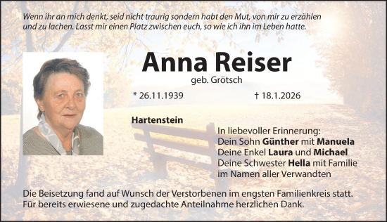 Traueranzeige von Anna Reiser von Hersbrucker Zeitung Lokal