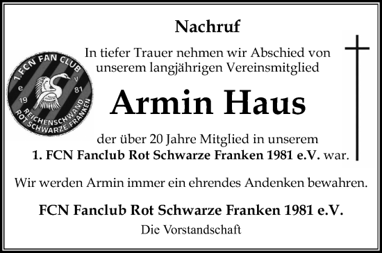 Traueranzeige von Armin Haus von Hersbrucker Zeitung Lokal