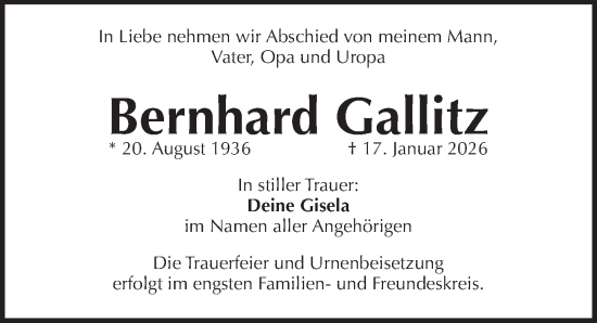 Traueranzeige von Bernhard Gallitz von Pegnitz-Zeitung