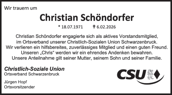 Traueranzeige von Christian Schöndorfer von Der Bote