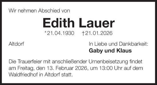 Traueranzeige von Edith Lauer von Der Bote