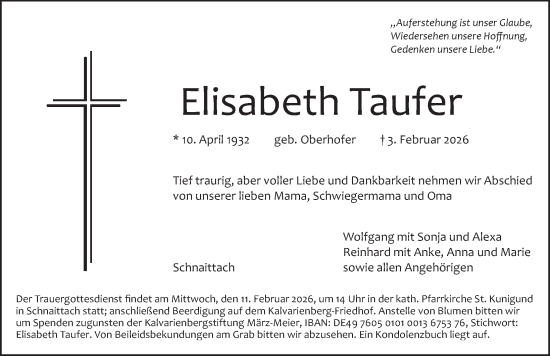 Traueranzeige von Elisabeth Taufer von Pegnitz-Zeitung