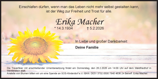 Traueranzeige von Erika Macher von Der Bote