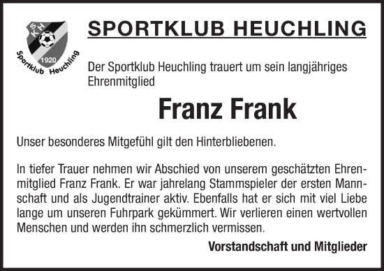 Traueranzeige von Franz Frank von Pegnitz-Zeitung