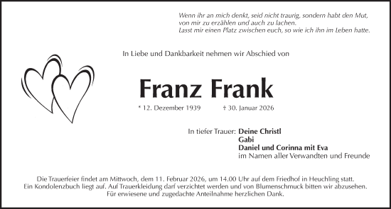 Traueranzeige von Franz Frank von Pegnitz-Zeitung