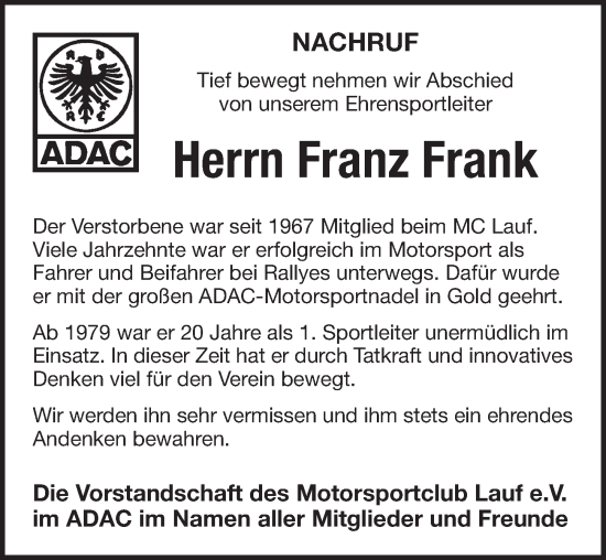 Traueranzeige von Franz Frank von Pegnitz-Zeitung