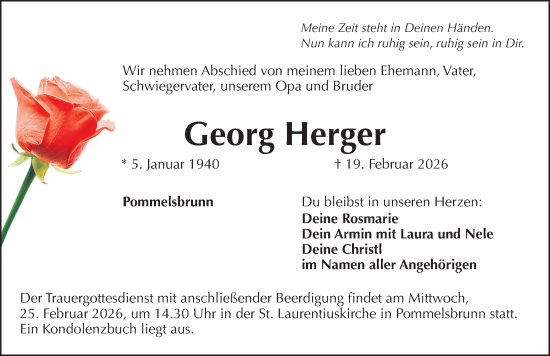 Traueranzeige von Georg Herger von Hersbrucker Zeitung Lokal