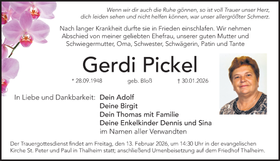 Traueranzeige von Gerdi Pickel von Hersbrucker Zeitung Lokal