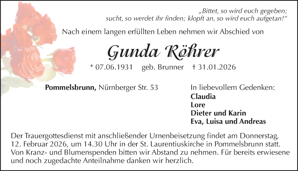  Traueranzeige für Gunda Röhrer vom 07.02.2026 aus Hersbrucker Zeitung Lokal