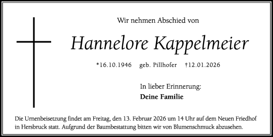 Traueranzeige von Hannelore Kappelmeier von Hersbrucker Zeitung Lokal