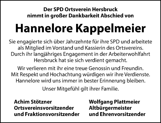 Traueranzeige von Hannelore Kappelmeier von Hersbrucker Zeitung Lokal