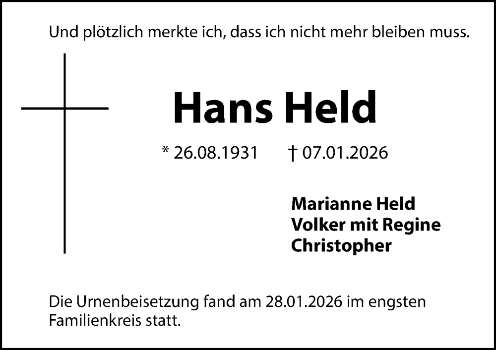  Traueranzeige für Hans Held vom 07.02.2026 aus Hersbrucker Zeitung Lokal