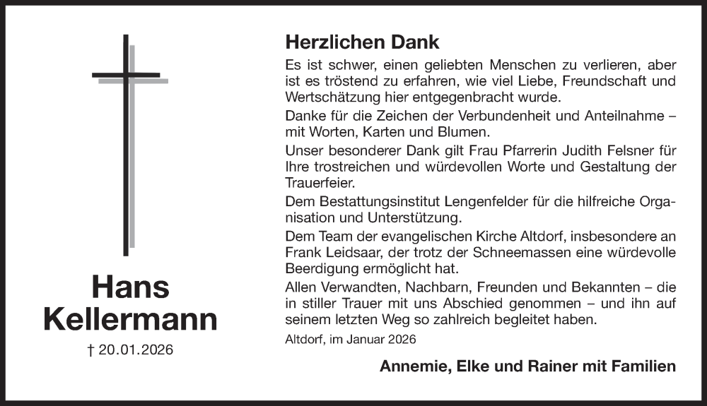  Traueranzeige für Hans Kellermann vom 07.02.2026 aus Der Bote