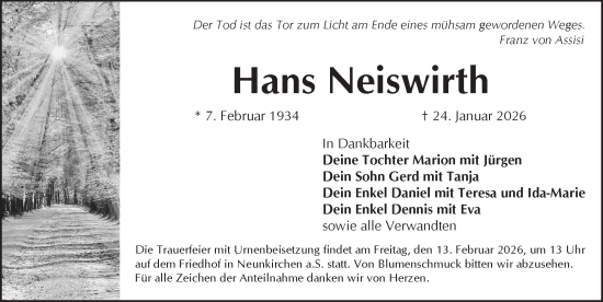 Traueranzeige von Hans Neiswirth von Pegnitz-Zeitung