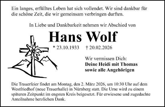 Traueranzeige von Hans Wolf von Pegnitz-Zeitung