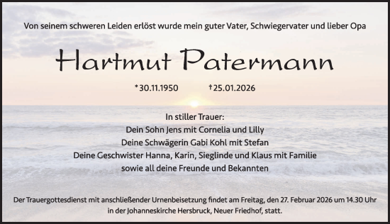 Traueranzeige von Hartmut Patermann von Hersbrucker Zeitung Lokal