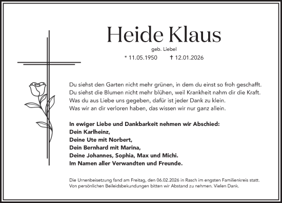 Traueranzeige von Heide Klaus von Der Bote