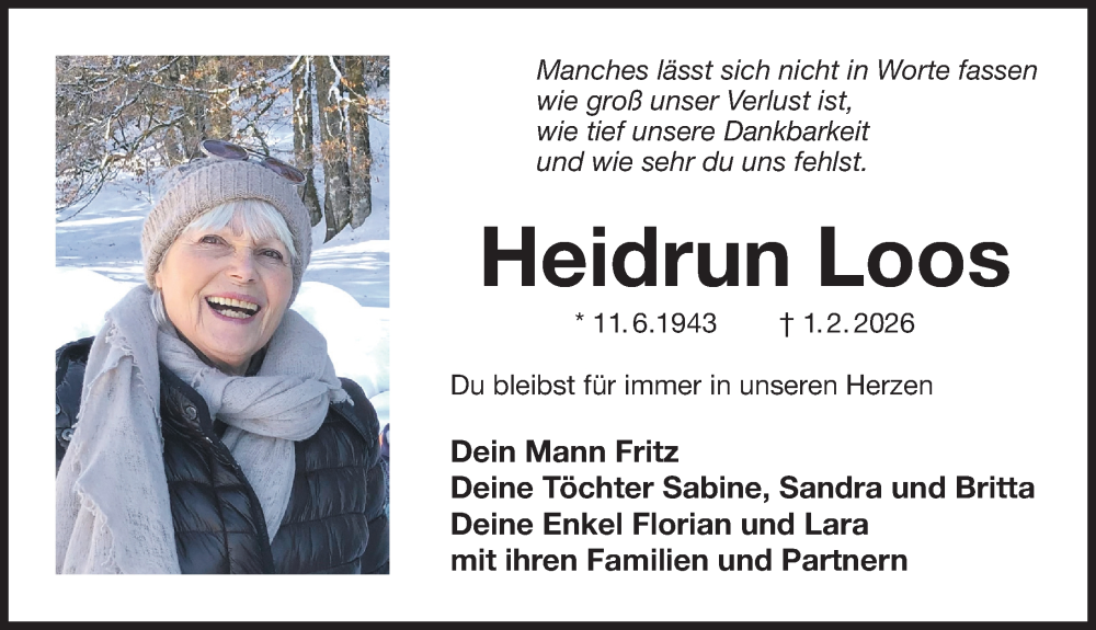  Traueranzeige für Heidrun Loos vom 07.02.2026 aus Der Bote
